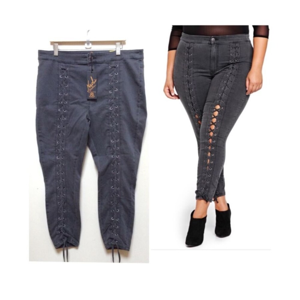 Love & Legend Women's Grey Sexy Lace Up Skinny Jean Moto Pants Sz 18